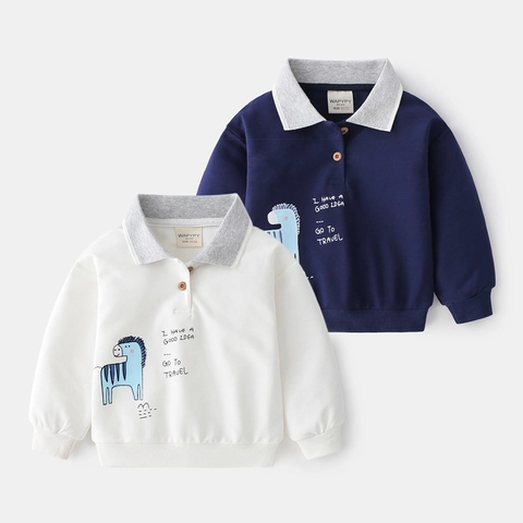 Felpa Polo per Bambini con Stampa Zebra a Cartoni Animati in Misto Cotone a Maniche Lunghe Top Autunnale Casual Pullover