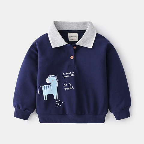 Felpa Polo per Bambini con Stampa Zebra a Cartoni Animati in Misto Cotone a Maniche Lunghe Top Autunnale Casual Pullover