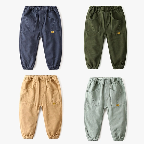 Boys Casual Jogger Cargo Pants Solid Color Utility Cotton Blend Long Trousers With Pockets Elastic Waist For Toddler Little Kids Spring Autumn