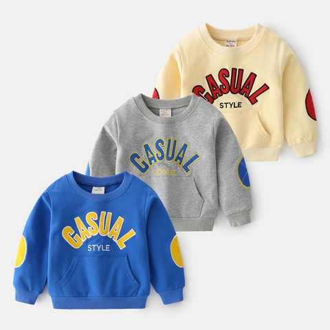Boys Korean Style Cotton Blend Sweatshirt Casual Letter Print Long Sleeve Pullover Round Neck Top For Toddlers Kids