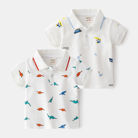 Jungen Baumwolle Kurzarm Polo-Shirt Sommer Kinder Casual Cartoon Dinosaurier Surfen Bedruckt Revers T-Shirt Atmungsaktiv Weißes Top