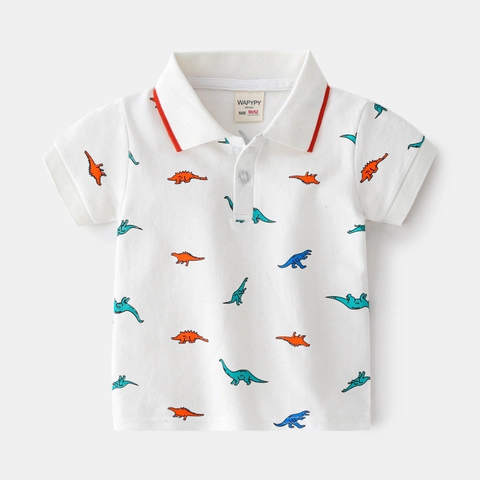 Jungen Baumwolle Kurzarm Polo-Shirt Sommer Kinder Casual Cartoon Dinosaurier Surfen Bedruckt Revers T-Shirt Atmungsaktiv Weißes Top