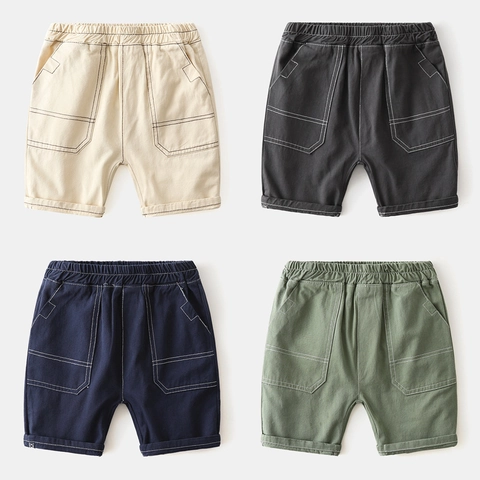 Kids Boys Cargo Shorts Casual Cotton Blend Summer Elastic Waist Contrast Stitching Large Pockets Solid Color Toddler Bottoms