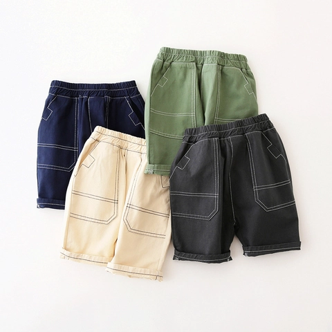 Kids Boys Cargo Shorts Casual Cotton Blend Summer Elastic Waist Contrast Stitching Large Pockets Solid Color Toddler Bottoms