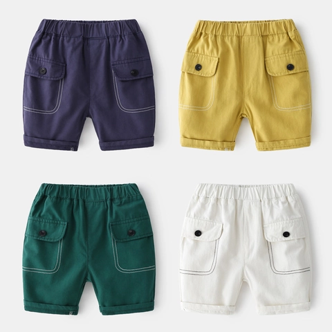 Boys Casual Cotton Blend Shorts Solid Color Cargo Pockets Elastic Waist Summer Kids Fashion Basic Shorts Contrast Stitching