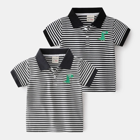 Boys Dinosaur Embroidered Striped Polo Shirt Casual Summer Short Sleeve Cotton Blend Top Children Lapel Collar Clothing