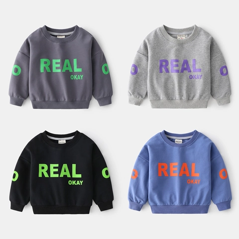 Casual Kids Crew Neck Sweatshirt Letter Print Long Sleeve Soft Cotton Blend Pullover Top For Toddler Boys Girls Fashion Daily Wear
