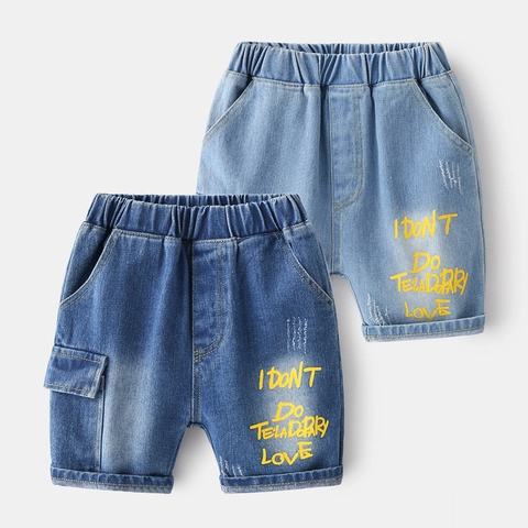Boys Casual Denim Shorts Cotton Letter Print Cargo Shorts Summer Elastic Waist Kids Jean Shorts Light Dark Blue
