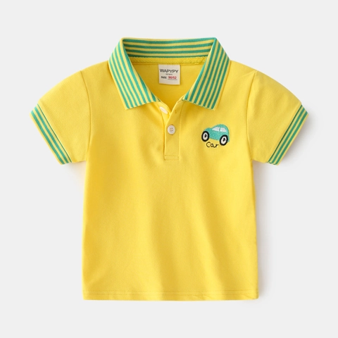 Boys Short Sleeve Polo Shirt Cotton Blend Contrast Stripe Lapel Top With Car Embroidery Cartoon Summer Casual Kids Shirt
