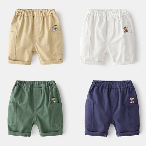 Boys Summer Casual Cotton Blend Shorts Cartoon Puppy Dog Embroidery Elastic Waist Multi Pockets Cuffed Hem Beach Pants