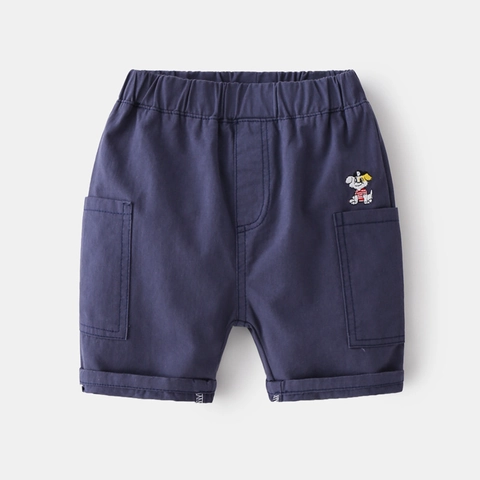Boys Summer Casual Cotton Blend Shorts Cartoon Puppy Dog Embroidery Elastic Waist Multi Pockets Cuffed Hem Beach Pants