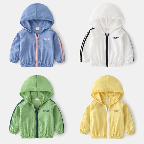 Kids Sun Protection Jacket Hooded Thin Lightweight Zipper Coat For Boys Girls Summer Windbreaker Outwear Sporty Style