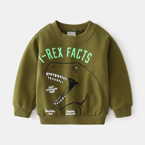 Felpa da Bambino con Dinosauro Cartone Animato Verde Militare a Maniche Lunghe Girocollo in Misto Cotone Top Casual alla Moda
