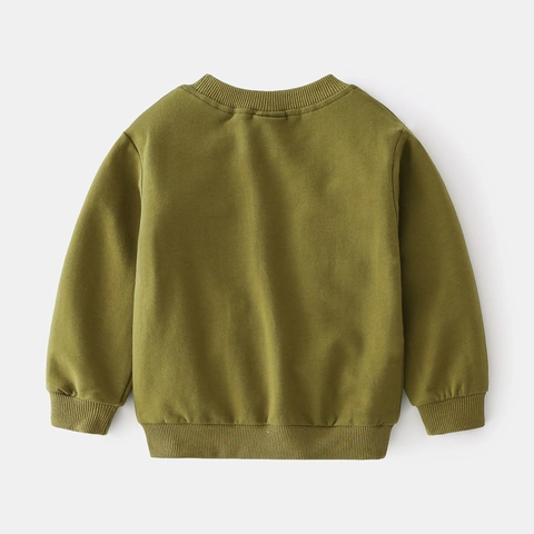 Felpa da Bambino con Dinosauro Cartone Animato Verde Militare a Maniche Lunghe Girocollo in Misto Cotone Top Casual alla Moda
