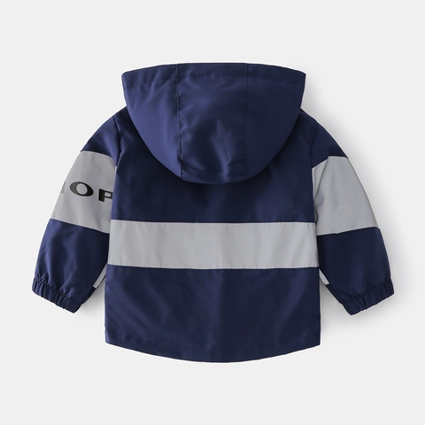 Jongens Jas Met Capuchon Fleece Gevoerd Verdikt Winddicht Marineblauw Patchwork Letterprint Ritsjas Voor Kinderen