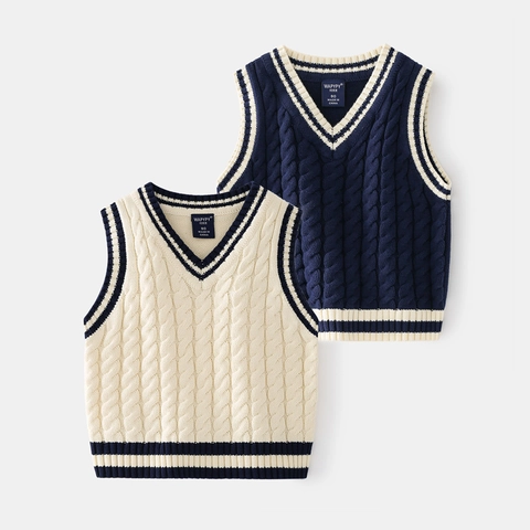 Boys V-Neck Cable Knit Vest Cotton Preppy Style Contrast Stripe Sleeveless Pullover Sweater For Toddler Kids School Casual Top