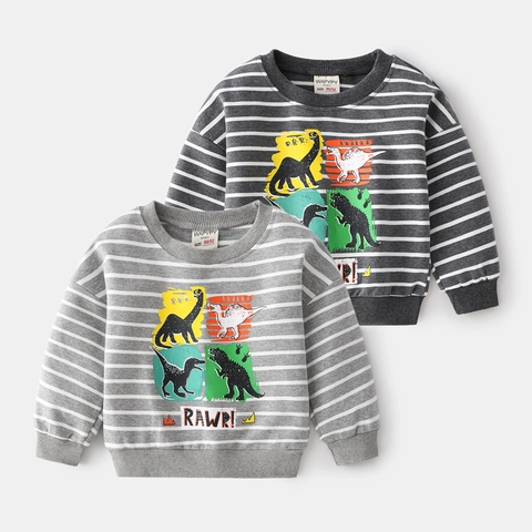 Kinder Jungen Gestreiftes Dinosaurier Druck Sweatshirt Casual Baumwollmischung Langarm Rundhals Pullover Top