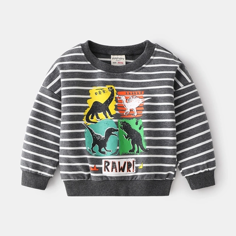 Kinder Jungen Gestreiftes Dinosaurier Druck Sweatshirt Casual Baumwollmischung Langarm Rundhals Pullover Top