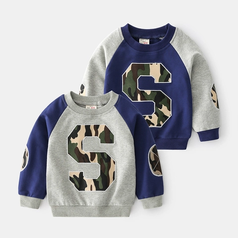 Boys Long Sleeve Cotton Blend Sweatshirt Raglan Color Block Camouflage Letter Applique Pullover Spring Autumn Kids Casual Tops