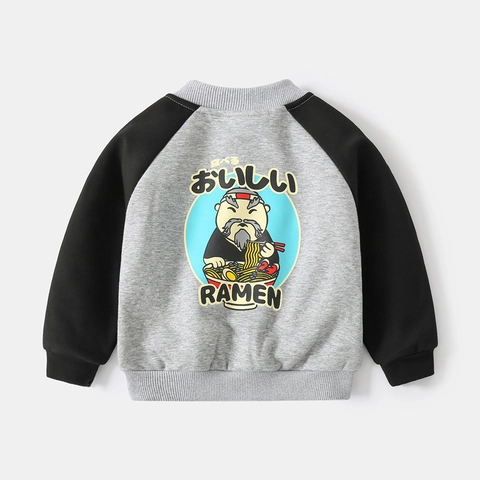 Japanse Stijl Peuter Jongens Cartoon Ramen Geborduurde Fleece Baseballjack Contrast Raglanmouwen Warme Casual Bovenkleding Jas