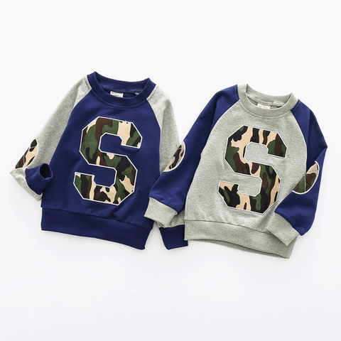 Boys Long Sleeve Cotton Blend Sweatshirt Raglan Color Block Camouflage Letter Applique Pullover Spring Autumn Kids Casual Tops