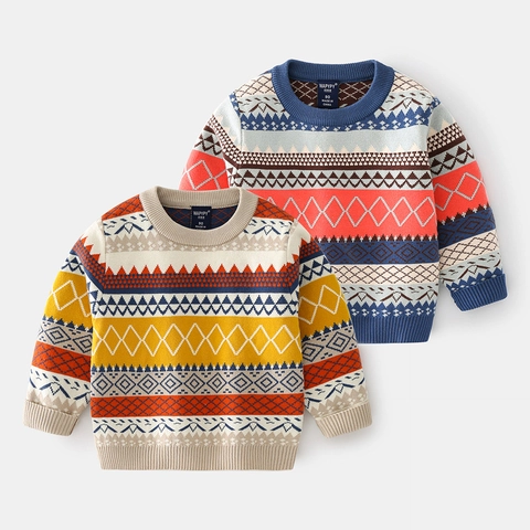Jongens Geometrische Jacquard Gebreide Trui Lange Mouw Ronde Hals Katoenmix Pullover Warme Noorse Stijl Winterkleding