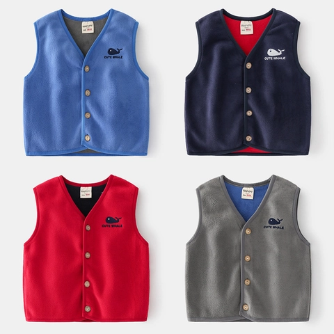 Toddler Baby Kids Polar Fleece Vest Whale Embroidery V-Neck Button Down Sleeveless Jacket Warm Winter Waistcoat For Boys Girls