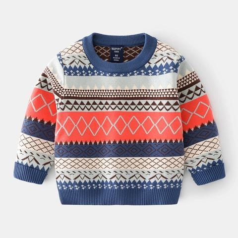 Jongens Geometrische Jacquard Gebreide Trui Lange Mouw Ronde Hals Katoenmix Pullover Warme Noorse Stijl Winterkleding