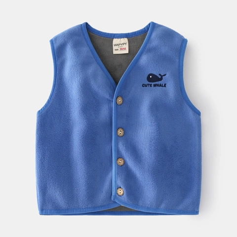Toddler Baby Kids Polar Fleece Vest Whale Embroidery V-Neck Button Down Sleeveless Jacket Warm Winter Waistcoat For Boys Girls