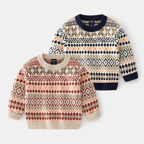 Maglione da Ragazzo Casual in Misto Cotone Vintage Jacquard Motivo Geometrico Girocollo Manica Lunga Pullover Caldo Bambino
