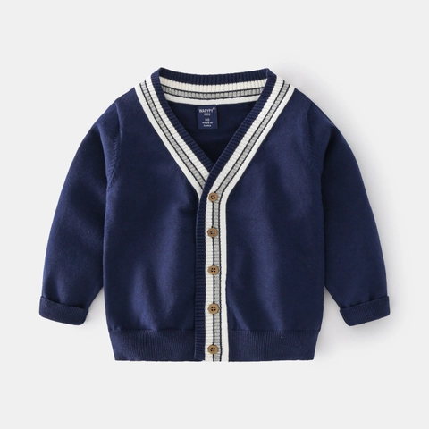 Jungen Casual Baumwollmischung V-Ausschnitt Strickjacke Gestreifter Besatz Langarm Einreihig Knöpfen Top Für Kleinkinder Kinder