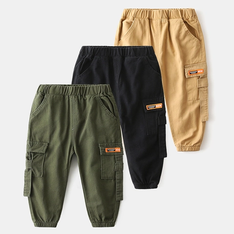 Boys Casual Cargo Pants Cotton Blend Elastic Waist Soft Spring Autumn Kids Long Trousers Multi Pocket Jogger Pants
