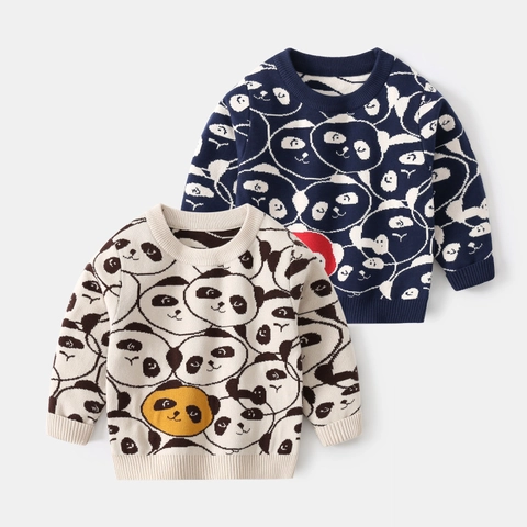 Boys Knitted Sweater Cartoon Panda Pattern Pullover Long Sleeve Cotton Blend Warm Top For Toddler Kids Autumn Winter