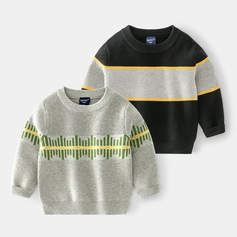 Jongens Casual Katoenmix Gebreide Trui Mode Kleurblok Gestrept Ronde Hals Lange Mouwen Pullover Herfst Winter Kinderen Top