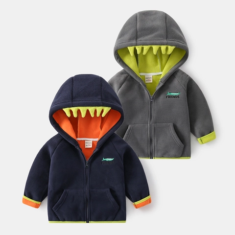Boys Thickened Hooded Fleece Jacket Cartoon Dinosaur Design Contrast Color Long Sleeve Zipper Sweatshirt Warm Outerwear Coat