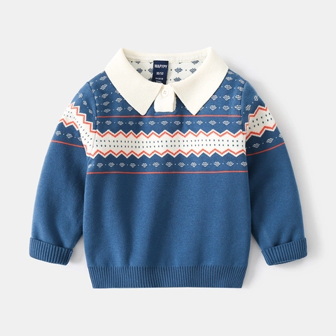 Koreanischer Stil Kleinkinder Jungen Baumwollmischung Strickpullover Langarm Polokragen Wellenmuster Warme Geometrische Kleidung