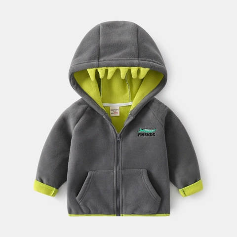 Boys Thickened Hooded Fleece Jacket Cartoon Dinosaur Design Contrast Color Long Sleeve Zipper Sweatshirt Warm Outerwear Coat
