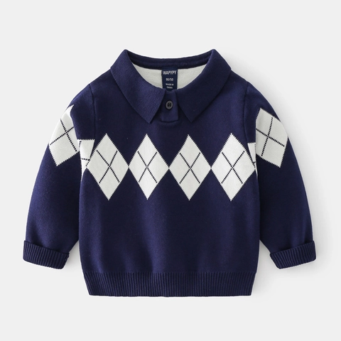 Maglione in Maglia a Rombi da Ragazzo Collo a Polo Manica Lunga Misto Cotone Pullover Autunno Inverno Bambini Casual