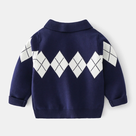 Maglione in Maglia a Rombi da Ragazzo Collo a Polo Manica Lunga Misto Cotone Pullover Autunno Inverno Bambini Casual