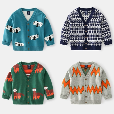 Cardigan en Tricot pour Petit Garçon Col en V Pull en Mélange de Coton Doux Boutons Motif Animal Panda Alpaga Argyle
