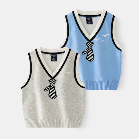 Gilet in Maglia da Ragazzo Scollo a V Senza Maniche Maglione Con Motivo a Cravatta Stile Accademico Pullover per Bambini Autunno