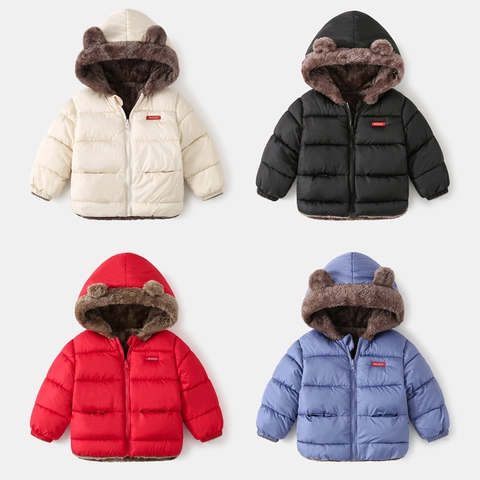 Toddler Children Double Sided Hooded Padded Coat With Bear Ears Winter Thick Warm Quilted Zip Up Jacket For Boys Girls Outwear