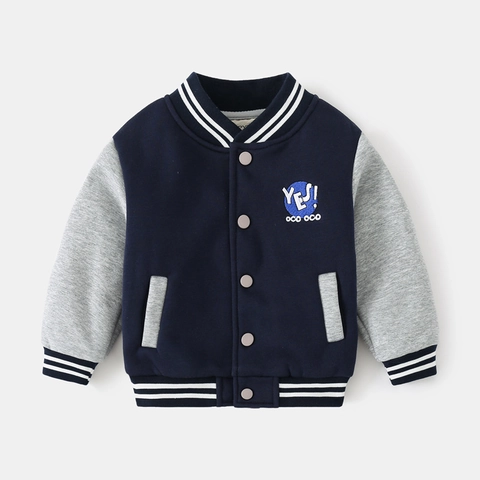 Boys Varsity Jacket Fleece Lined Thickened Navy Grey Contrast Color Bomber Jacket For Toddlers Autumn Winter Casual Warm Coat
