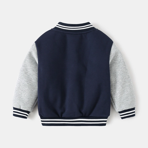 Boys Varsity Jacket Fleece Lined Thickened Navy Grey Contrast Color Bomber Jacket For Toddlers Autumn Winter Casual Warm Coat