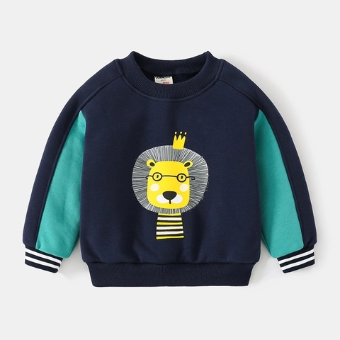 Jongens Cartoon Leeuw Fleece Sweatshirt Patchwork Verdikt Lange Mouw Pullover Peuter Casual Winter Warm Top