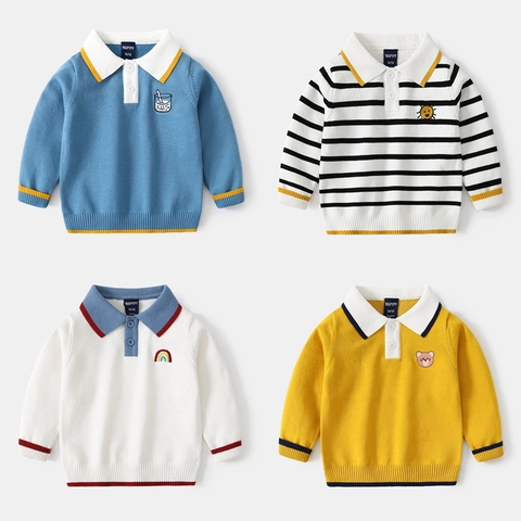 Maglione Polo da Ragazzo in Maglia Misto Cotone Manica Lunga Ricamo Cartone Animato a Righe Bambini Top Autunno Inverno