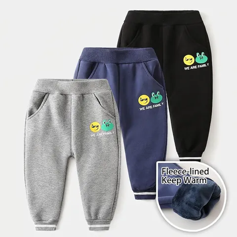 Jungen Winter Fleecegefütterte Jogginghose Warm Baumwollmischung Cartoon Druck Jogger Rippbündchen Lässige Sportliche Dicke Lange Hose