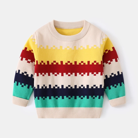 Maglione in Misto Cotone per Ragazzi a Righe Multicolore Manica Lunga Girocollo Pullover Ispessito per Bambini Autunno Inverno