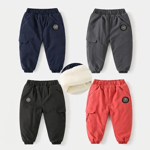 Kids Winter Fleece Lined Cargo Pants Warm Windproof Cuffed Leg Trousers For Boys Girls Thickened Outdoor Sports Pants