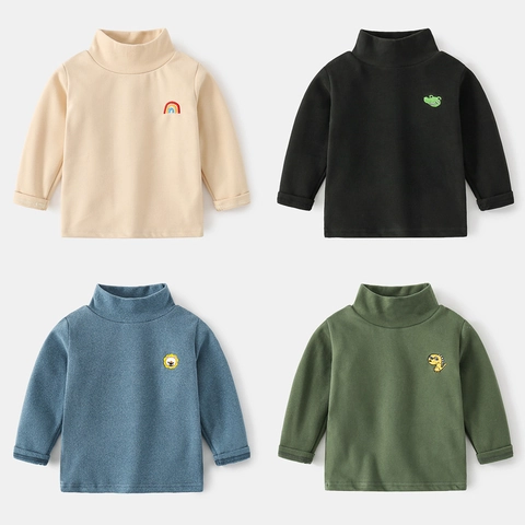 T-Shirt Couche de Base Thermique pour Enfants Col Haut Manches Longues Top Broderie Dralon Chaud Automne Hiver Sous-pull